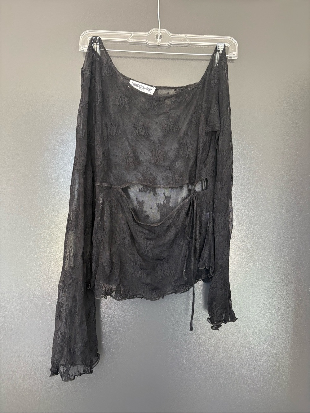 Princess Polly Black Sheer Floral Lace Tie-Front Blouse